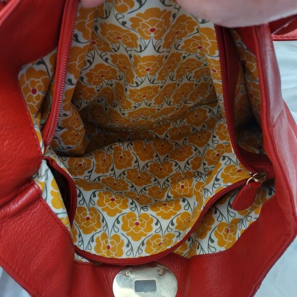 * Emma Fox Beautiful LEATHER Handbag LARGE Red Yellow Brown Huge Interior Gold - Picture 5 of 16